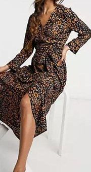 Vero Moda wrap midi dress in animal print XS black pink brown