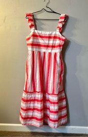 J. Crew Sundress Size 14 Pink Stripes Tiered Ruffles Ruched 100% Cotton