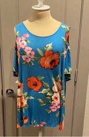 DONATING SOON! Blue Floral Cold Shoulder Top