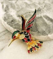 Vintage Hummingbird Brooch Pin - Multicolor Enamel, Gold Toned Metal Unsigned