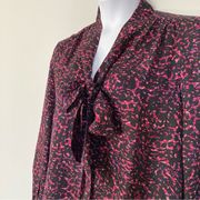 ecru Blouse Women XL Silk Blend Bow Tie Neck Black Fuchsia Print Career Top