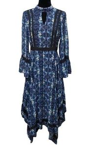 Modcloth Blue Boho Floral Bell Sleeve Crochet Lace Tie Neck Dress Size Medium