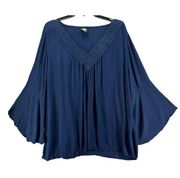 Bobeau Tunic Top Womens Plus 3X Blue Embroidered V Neck Bell Sleeve Flowy Blouse