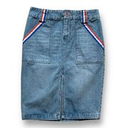 Y2K Marc Jacobs Denim Skirt Medium Wash Knee Length Red Striped Ribbon Detail