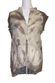 Young, Fabulous & Broke beige tie-dye sleeveless button-down top size L