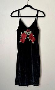 Black Velvet Mini Dress Womens Small Red Rose Tank Fall Goth Academia Halloween