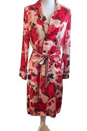 Victoria Secrets Robe Women XS/S Red Roses Collar Neck Belted Button Up Midi