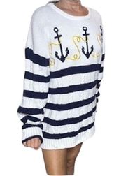 Vintage  white w/blue Breton stripes, anchors, sweater Sz L unisex