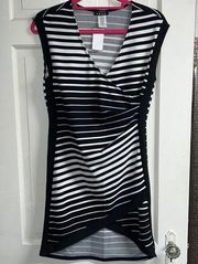 Black white stripe work dress surplice cross front mini size large