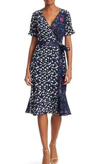 Tanya Taylor  Blue Luisa Mixed Print Silk Wrap Dress