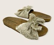 Floella Neutral Tan Frayed Fabric Bow Flat Slide Sandal 7.5