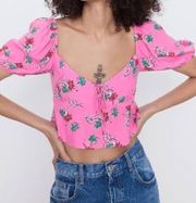 Zara Pink Floral Cropped Peplum Top