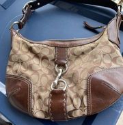 EUC Coach Signature Jacquard & Brown Leather Bag with Silver Horsebit