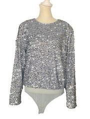 Gray Silver Sparkle Sequins Long Sleeve One Piece Bodysuit