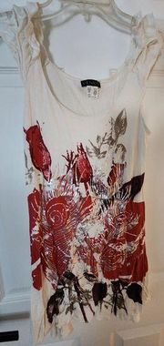 NWOT Venus White Red Silver Floral Ruffle Tank Top Tunic Size XS