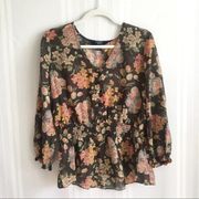 Chaps Floral Elastic Waist Sheer Blouse Brown Medium Button Down Workwear Top