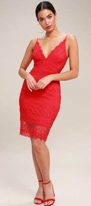 Miami Nights Red Crochet Lace Bodycon Midi Dress