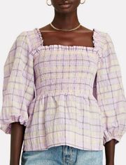 💕GANNI💕 Smocked Seersucker Plaid Top ~ Orchid Bloom Checked Print 44 EU NWT