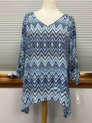 Zac & Rachel NWT Blue Mint Lavender Patterned Assymetrical Hem Top Size XL