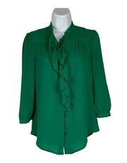 HD in Paris Women's Ruffle Neck Green Button Down Blouse Shirt Size 0