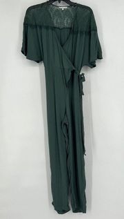 June & Hudson Green Wrap Jumpsuit Lace Kimono Sleeve Straight Leg Size L