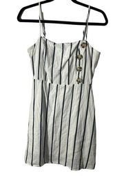 Aakaa Women Sheath Dress Size S Blue Stripe Lined Spaghetti Strap Zip Back Linen