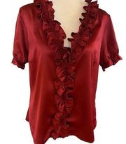 The Limited Blouse Short Sleeve Satiny Dark Red Ruffle Neckline Size L Party