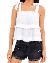 Le Lis White Ruffled Tie Tiered Lined Sleeveless Square Neck Tank Top