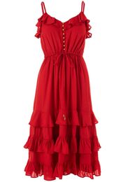 Melissa Obadash Bethan Frill Tiered Midi Dress in Red