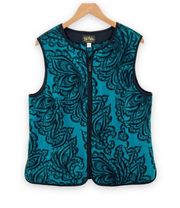 Bob Mackie green floral paisley fleece full zip vest pockets