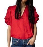 NWT Zadig & Voltaire Taste Tiered Sleeve Satin Top Coquelicot Red XS V Neck