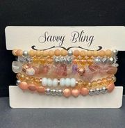 Savvy New!  Bling Pink Tan Silver Mixed Stretchy Fashion Bracelets 5 Piece Set