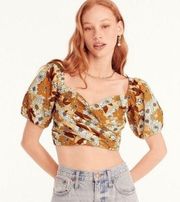 ✨ J. Crew Puff-Sleeve Organic Cotton Cropped Top Brown Floral Small