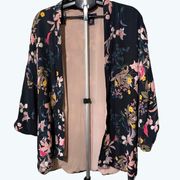 Adrienne Vittadini Kimono Navy Blue Floral Open Jacket L/XL