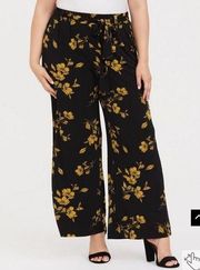 Torrid Black & Yellow Floral Studio Knit Wide Leg Tie Waist Pants Sz 2X