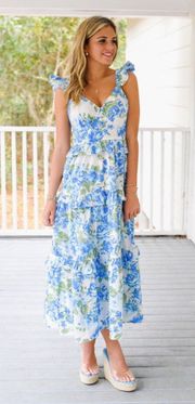 Madeline Blue Floral Tiered Midi Dress