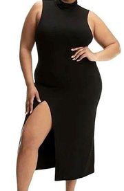 Good American Mock Neck MIDI Dress, Black With Slit, Plus Size Dresses XL NWT