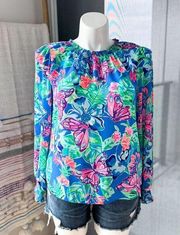 Lilly Pulitzer Luce Pundy Blue Isle Be Black Floral Pullover Blouse Women’s S