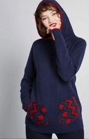 ModCloth Women Smitten by Mittens Sweater Sz Small Navy Pockets Hooded Pullover