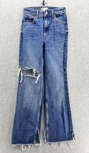 Women's Blue Denim Jeans Distressed Paneled Size 2 Straight Cotton blend