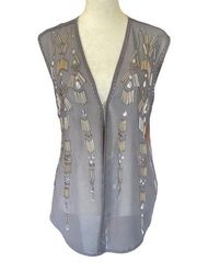 Cha Cha Vente medium gray sleeveless v-neck sheer embellished open front top