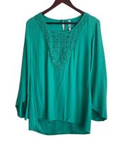 Monoreno Top Women Crochet Scoop Neck Long Sleeve Lined Back Keyhole Large Green