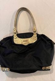 REBECCA MINKOFF NYLON BLACK LEATHER TRAVEL TOTE GOLD TRIM BOHO BAG