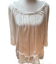 White Elastic Wide Neck & Tie Under Waist Blouse with Crochet M