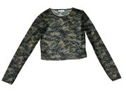 Wild Honey Womens Y2K Sheer Long Sleeve Camo Top, Stretch Blouse, Green S NWOT