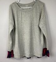 Hem & Thread Grey Sweater L Plaid Ruffle Crewneck Pullover