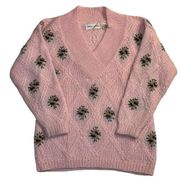 Chelsea Young Vintage 90's Medium Pink Floral Embroidered Mohair Sweater Vneck