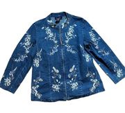 Vintage Denim & Co floral embroidered denim zip up jacket sz M womens cottagecor