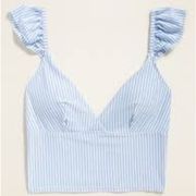 Old Navy Flutter Sleeve Seersucker Stripe White Blue Longline Swim Top Small