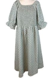 Love Olive Co Tuscany Midi Peasant Smocked Dress XXL Floral Puff Sleeve Pockets